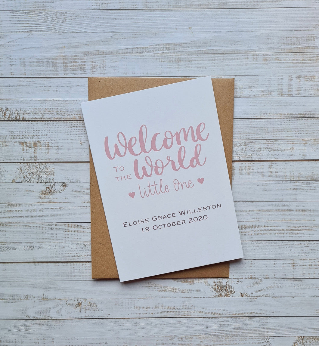 Welcome to the World Little One, Pink Personalised New Baby Card